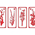 Traditional Plant Paintings Featuring Plum Orchid Bamboo Chrysanthemum in Red Paper Cut Style with Frames