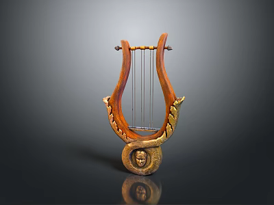 Antique Lyre Musical Instrument With Golden Accents And Carved Details 3d model