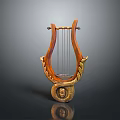 Antique Lyre Musical Instrument With Golden Accents And Carved Details