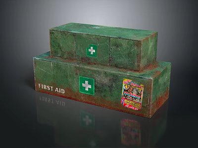 Stacked Green First Aid Kits Essential For Home With White Cross And Stickers 3d model