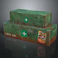 Stacked Green First Aid Kits Essential For Home With White Cross And Stickers