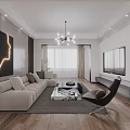 Modern Living Dining Room Interior With White Sofa Coffee Table Dining Chairs And Chandelier