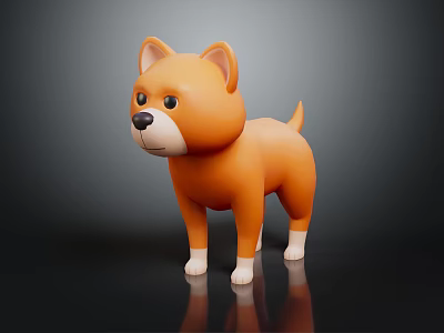 3D Model of Cartoon Dog Character in Orange Standing Pose on Dark Background with Reflection 3d model
