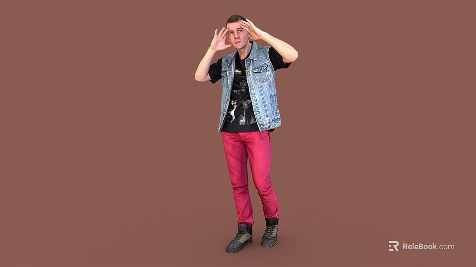 Man in Denim Vest and Red Pants Standing Against Brown Background With Hands Over Eyes 3d model 