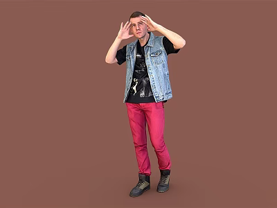 Man in Denim Vest and Red Pants Standing Against Brown Background With Hands Over Eyes 3d model