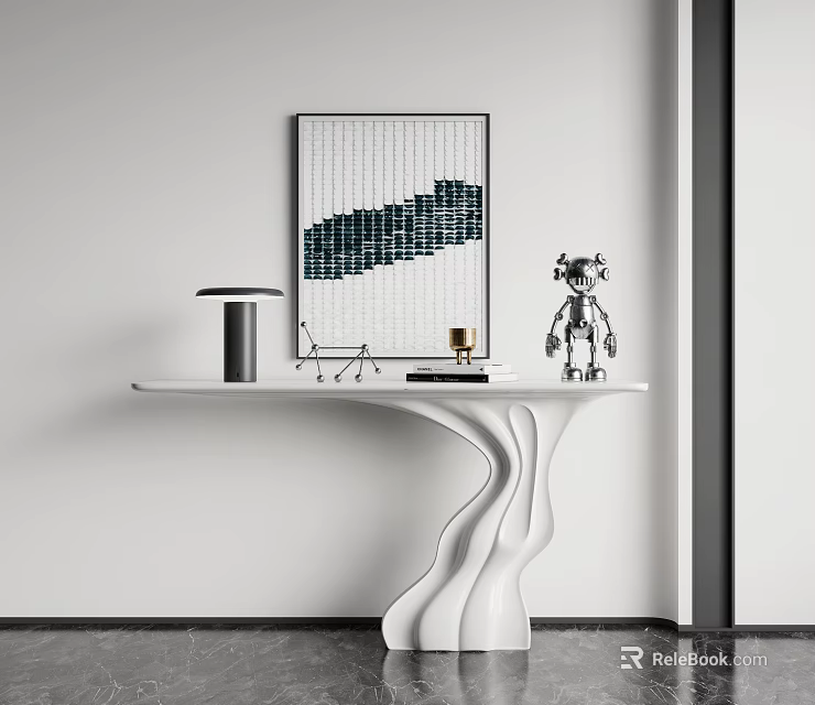 Modern Minimalist White Curved Console Table With Sculpture Wall Art And Table Lamp 3d model 