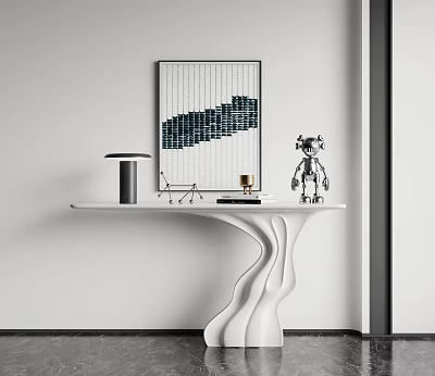 Modern Minimalist White Curved Console Table With Sculpture Wall Art And Table Lamp 3d model