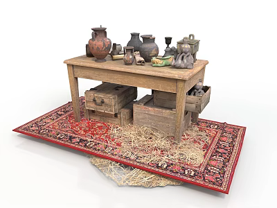 Vintage Daily Living Items On Wooden Table With Ceramic Vases And Straw Rug 3d model