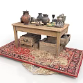 Vintage Daily Living Items On Wooden Table With Ceramic Vases And Straw Rug