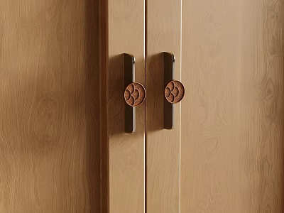 Stylish Wooden Cabinet Doors Featuring Metal Handles With Circular Wooden Accents 3d model