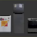 Modern Refrigerator Freezer with Washing Machine and Oven in Home Appliance