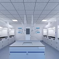 Laboratory Interior With White Fume Hoods Lab Benches Blue Flooring Ceiling Lights And Wall Chart