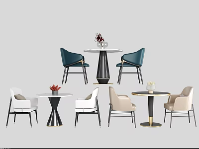 Modern Table And Chair Combinations With Blue White Beige Chairs Round Tables And Flower Vases 3d model