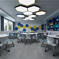 Modern Classroom Laboratory With Open Space Lab Table Projector Windows Desks And Chairs 3d model