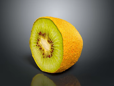 Fresh Sliced Kiwi Fruit With Yellow Skin Green Flesh And Black Seeds On Dark Background 3d model