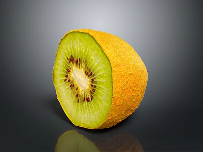 Fresh Sliced Kiwi Fruit With Yellow Skin Green Flesh And Black Seeds On Dark Background 3d model
