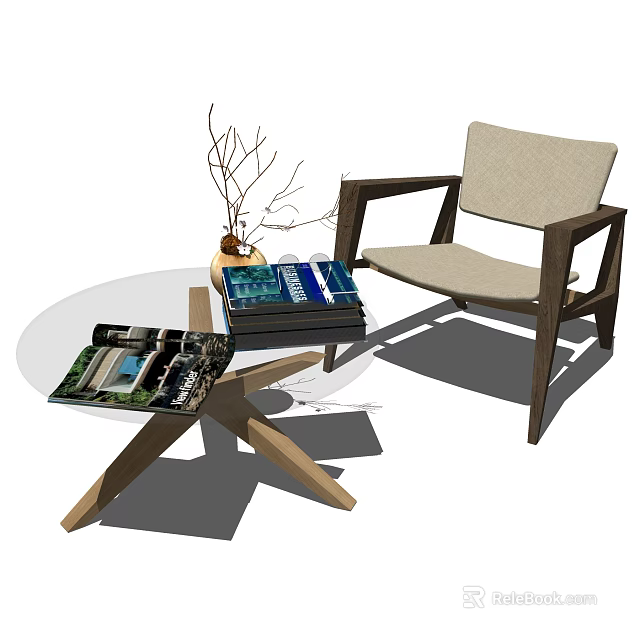 Modern Armchair With Wooden Armrests Light Fabric Seat By Coffee Table With Books And Vase 3d model 
