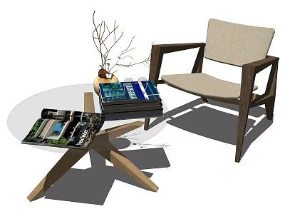 Modern Armchair With Wooden Armrests Light Fabric Seat By Coffee Table With Books And Vase 3d model