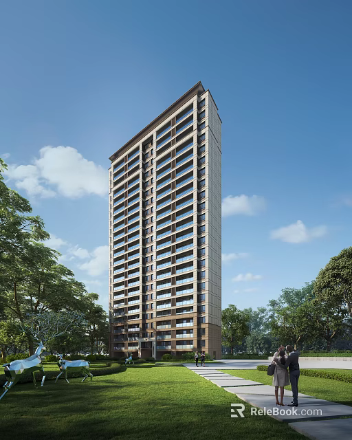 Modern High Rise Residential Building With Balconies Surrounded By Green Trees And Blue Sky 3d model 