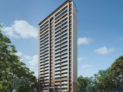 Modern High Rise Residential Building With Balconies Surrounded By Green Trees And Blue Sky 3d model