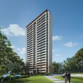 Modern High Rise Residential Building With Balconies Surrounded By Green Trees And Blue Sky