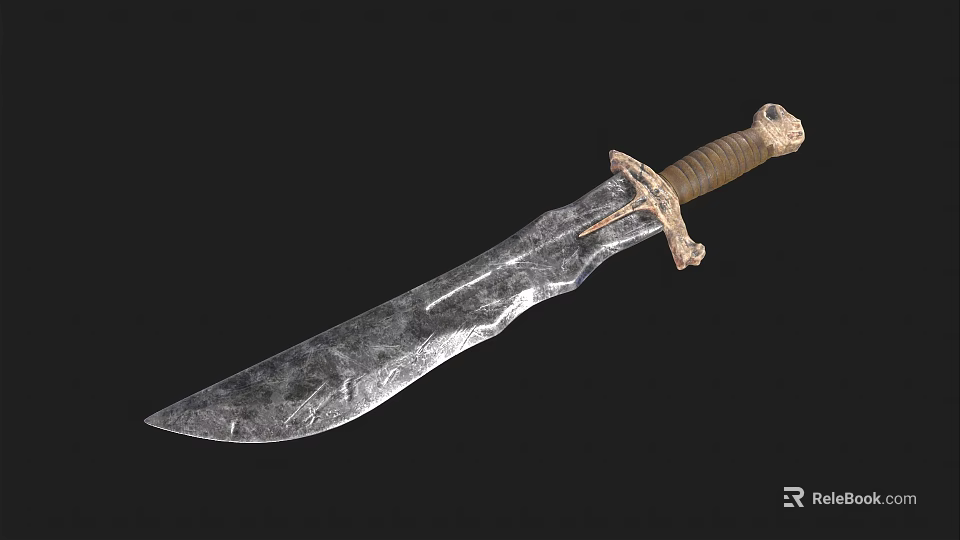Ancient Forged Sword With Rough Blade Texture Leather Handle And Decorative Metal Guard 3d model 