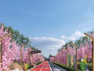 Scenic Road Facilities With Pink Cherry Blossom Trees Street Lamps Red Running Track And Signboards 3d model