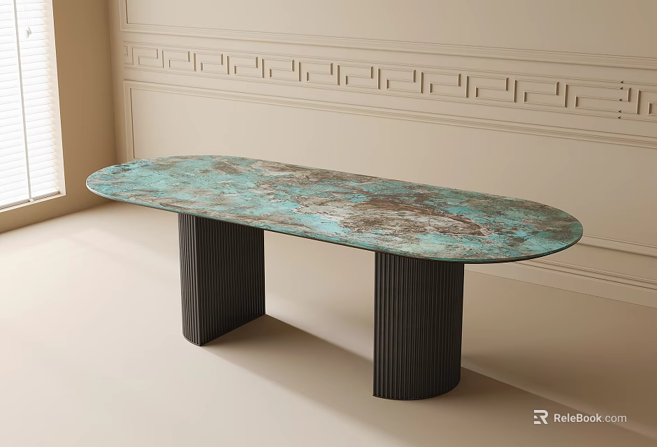 Oval Shaped Teal Marbled Dining Table With Dark Ribbed Legs And Decorative Wall 3d model 