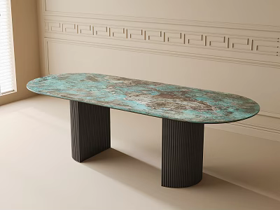 Oval Shaped Teal Marbled Dining Table With Dark Ribbed Legs And Decorative Wall 3d model