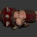 Muscular Fantasy Monster Character With Red Bloodstained Armor Sharp Horns And Fierce Expression