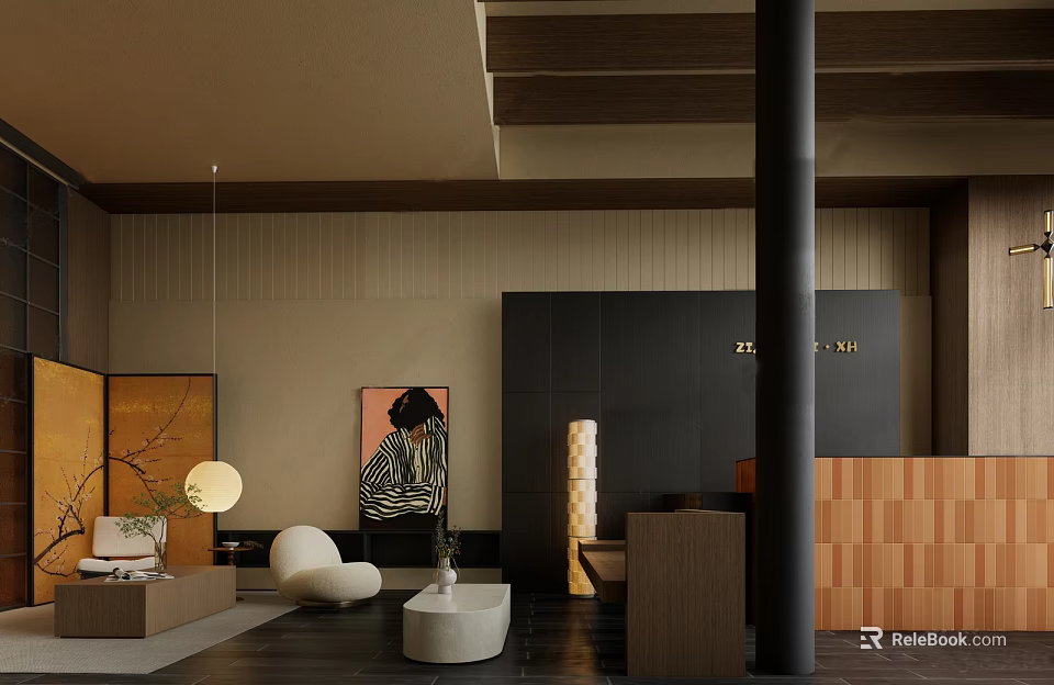 Modern Elegant Restaurant Interior With Wooden Elements Black Walls Art Decor Round Seats And Pendant Lights 3d model 