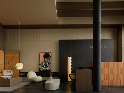 Modern Elegant Restaurant Interior With Wooden Elements Black Walls Art Decor Round Seats And Pendant Lights 3d model