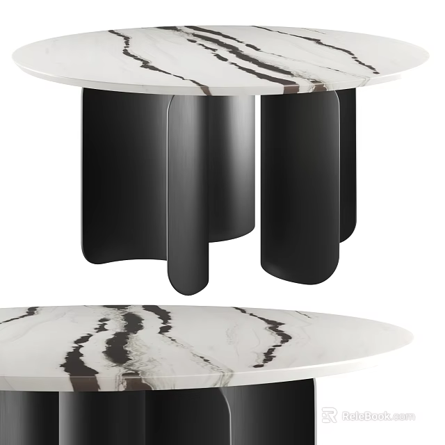 Modern Dining Table With White Marble Tabletop Black Veins And Black Curved Legs 3d model 