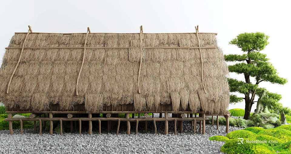 Traditional Thatched House with Natural Thatch Roof Wooden Supports and Gravel Ground 3d model 