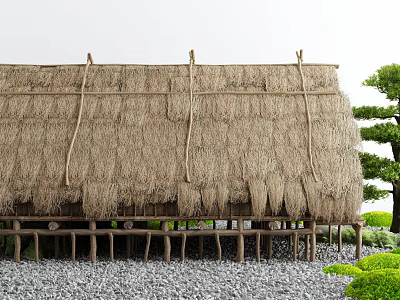 Traditional Thatched House with Natural Thatch Roof Wooden Supports and Gravel Ground 3d model