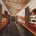 Modern Hotel Public Lounge With Wooden Structure Large Green Plant Red Seats And Geometric Floor