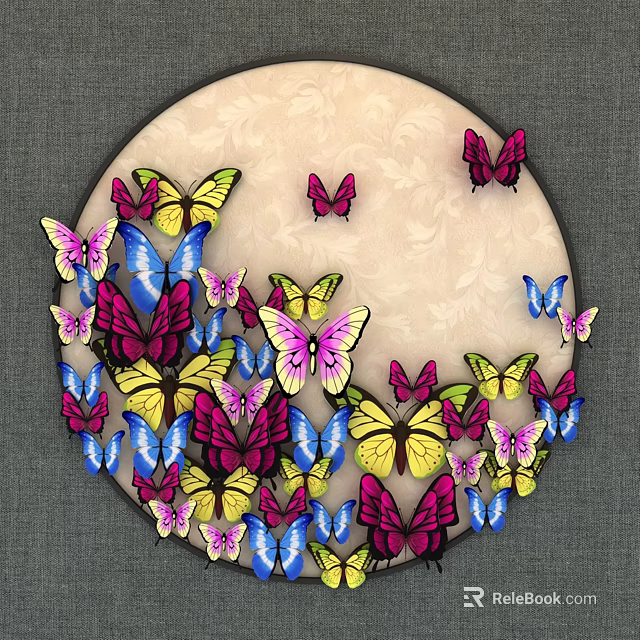 Colorful Vibrant Butterflies Flying Gracefully On Round Beige Textured Background Design 3d model 