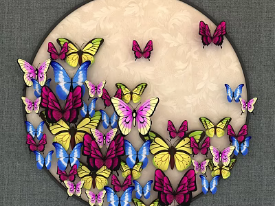 Colorful Vibrant Butterflies Flying Gracefully On Round Beige Textured Background Design 3d model