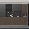 Modern Wooden Sideboard With Glass Display Cabinets Decorative Plants And Coffee Machine