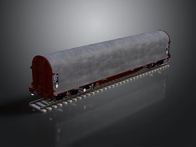 Red Freight Train Carriage With Grey Tarpaulin On Railway Track Reflective Surface 3d model