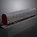 Red Freight Train Carriage With Grey Tarpaulin On Railway Track Reflective Surface