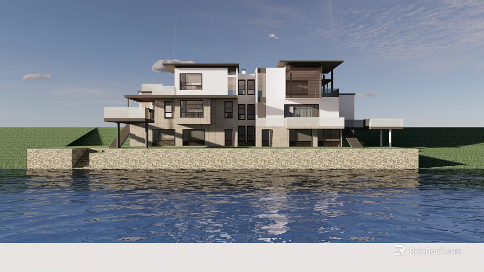 Modern Semi Detached Villa With Waterfront View Balconies Large Glass Windows And Green Lawn 3d model 