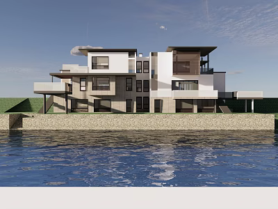 Modern Semi Detached Villa With Waterfront View Balconies Large Glass Windows And Green Lawn 3d model