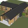 Modern Detached Villa With Black Roof Wooden Exterior Large Windows And Wooden Deck On Lawn