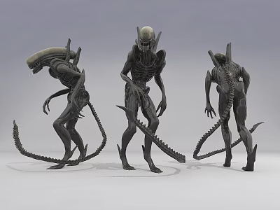 Three Alien Creature Character Models Displayed In Different Angles With Slim Bodies And Tails 3d model