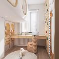 Kids Room Interior With Bunk Bed Chalkboard Wall Desk Round Rug And Toys