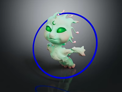 Green Glowing Eyed Creature With Antennae Holding Star Shaped Object And Blue Halo 3d model