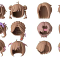 Cartoon Head Models With Various Brown Hairstyles Bowknots Ponytails And Decorative Details