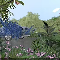 Rural Landscape With Lush Green Plants Pink Purple Flowers Blue Car Trees And Blue Sky