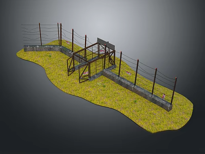 Barbed Wire Fence with Metal Gate Frame and Concrete Base on Grass Ground 3d model